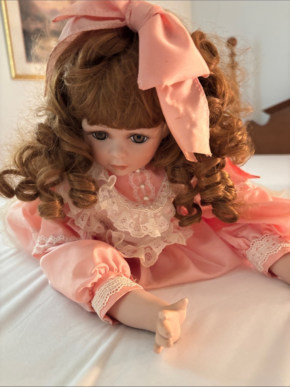 Porcelain Doll in Pink Lace Dress - Classic Collector Toy